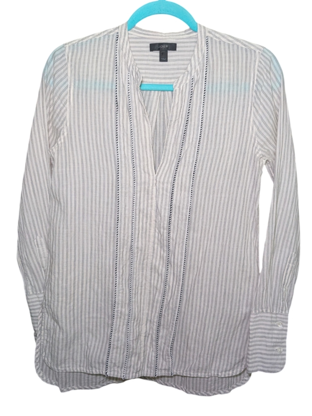 J. Crew White & Light Gray Striped V-Neck Popover Blouse